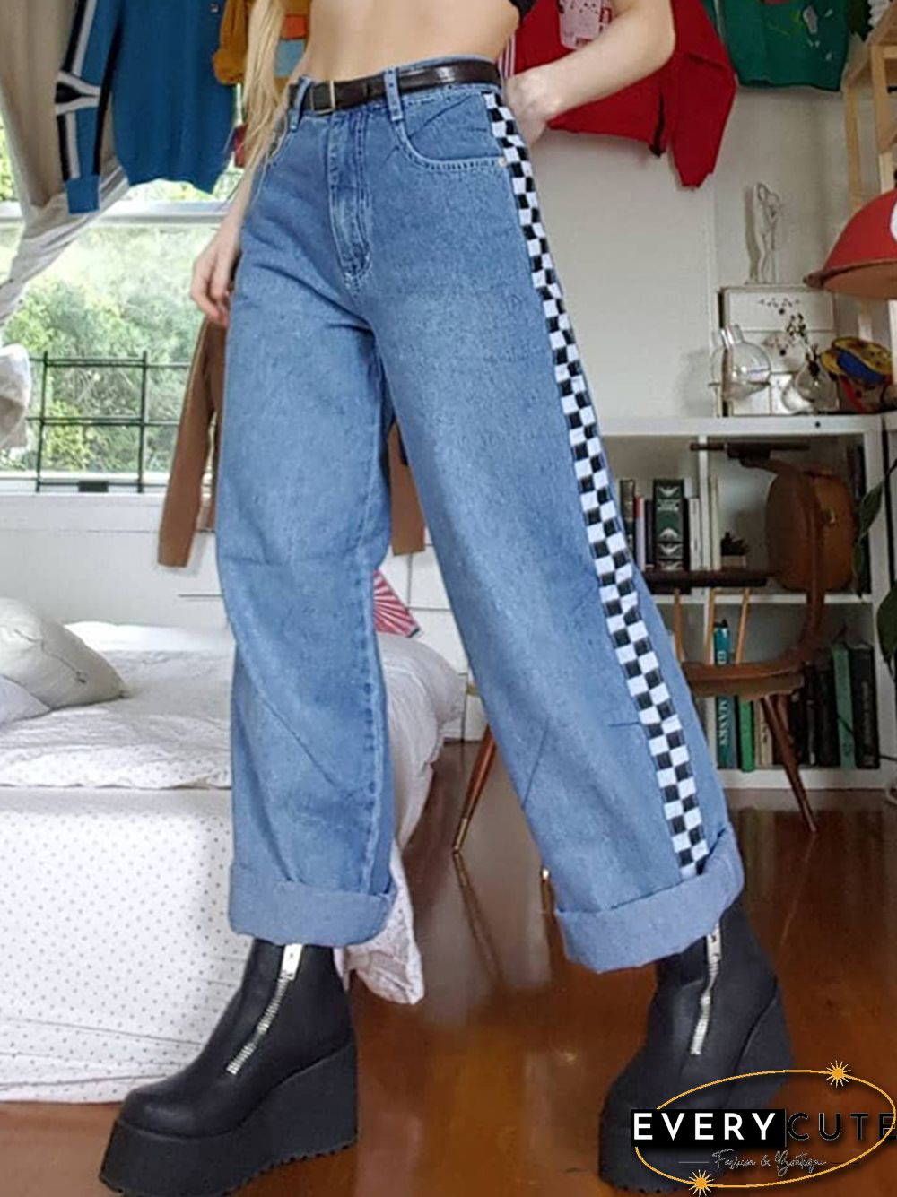 Women's Casual Color Matching Black And White Plaid Print Trousers