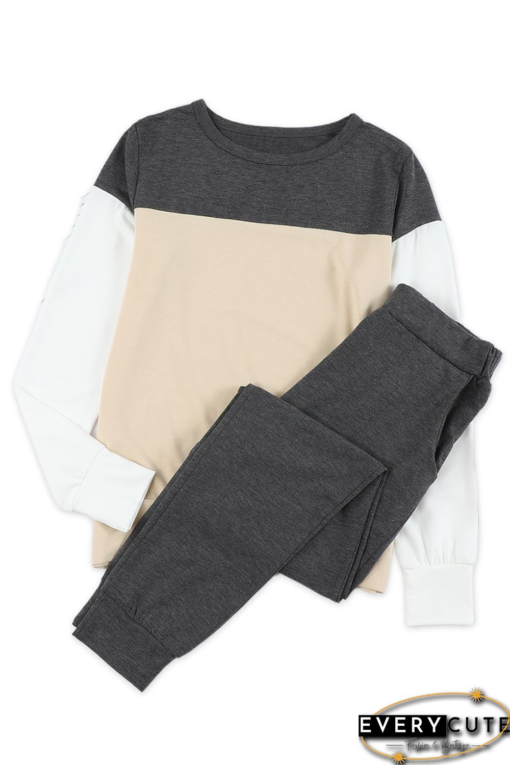 Khaki Color Block Pullover 2pcs Loungewear Set
