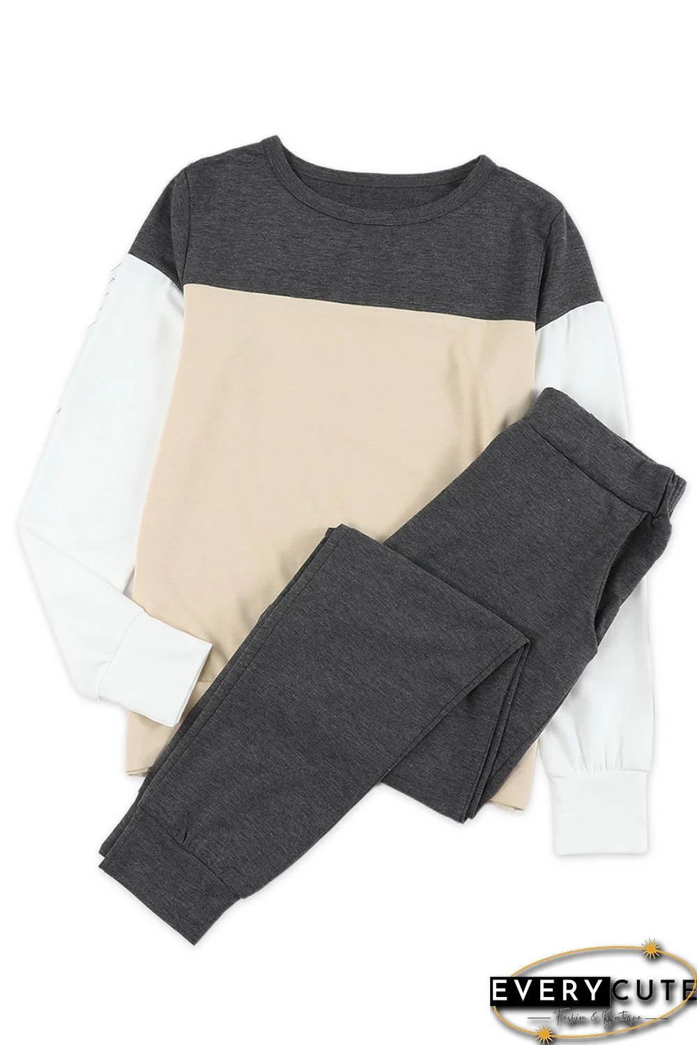Khaki Color Block Pullover 2pcs Loungewear Set