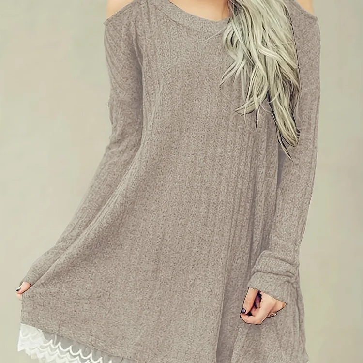 Plus Size Casual Sweater Dress, Women's Plus Colorblock Contrast Lace Cut Out Long Sleeve Round Neck Sweater Dress