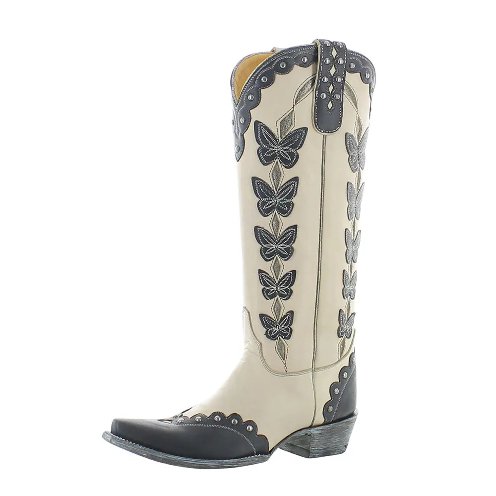 Black & Beige Butterfly Studded Patchwork Western Boots for Women