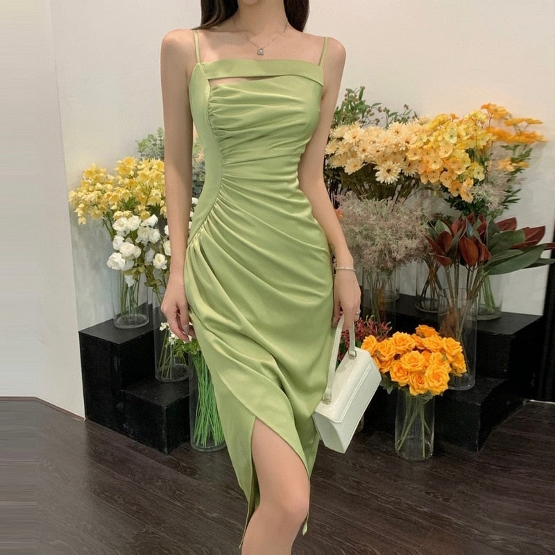 Summer Elegant Strap Dress Women Casual Vintage Temperament Korean Sweet Sexy Split Dresses Designer Slim Party Dress LANFUBEISI