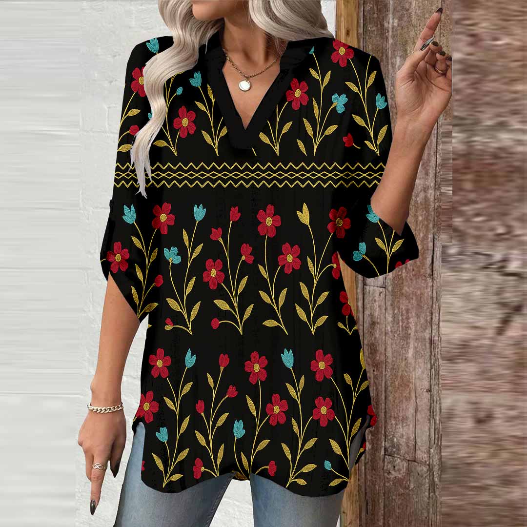 Women Floral,Red, Black DZGA0300 3/4 Sleeve V-neck Printed Graphic Button Tops