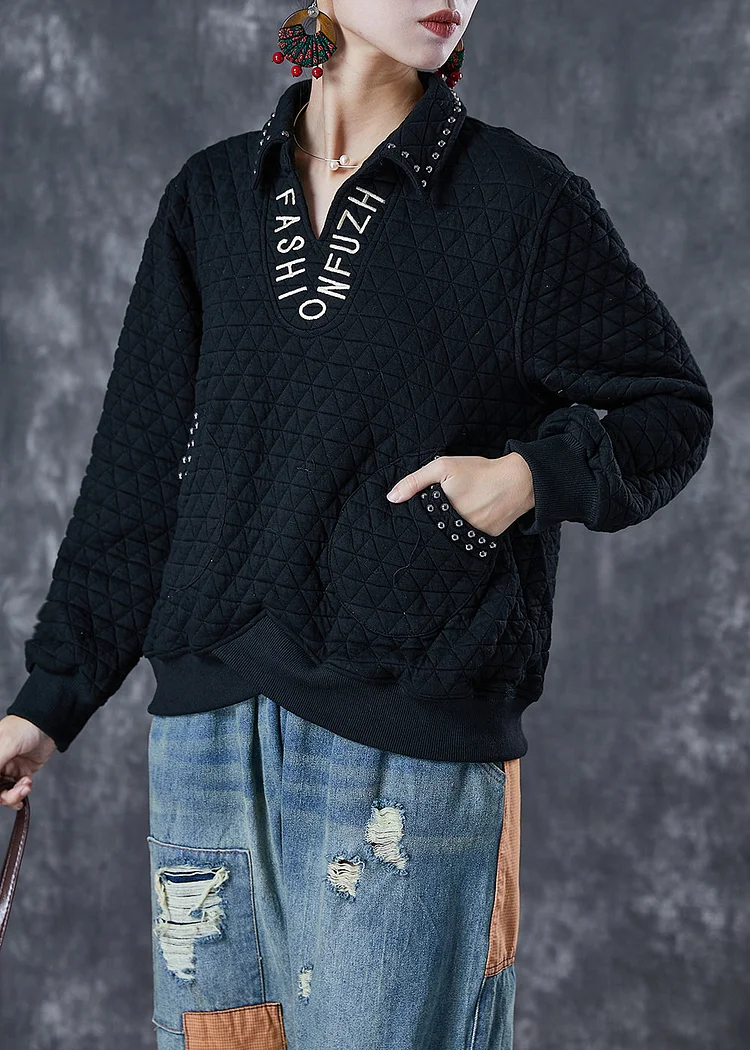 Women Black Letter Embroideried Rivet Cotton Pullover Sweatshirt Fall