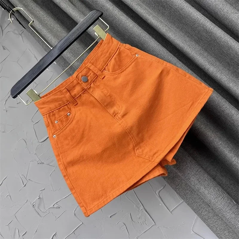 Huiketi Women Orange A-Line Denim Skirts Y2k Harajuku Korean Vintage 90s Aesthetic High Waist Short Jean Skirt 2000s Trashy Clothes 2024