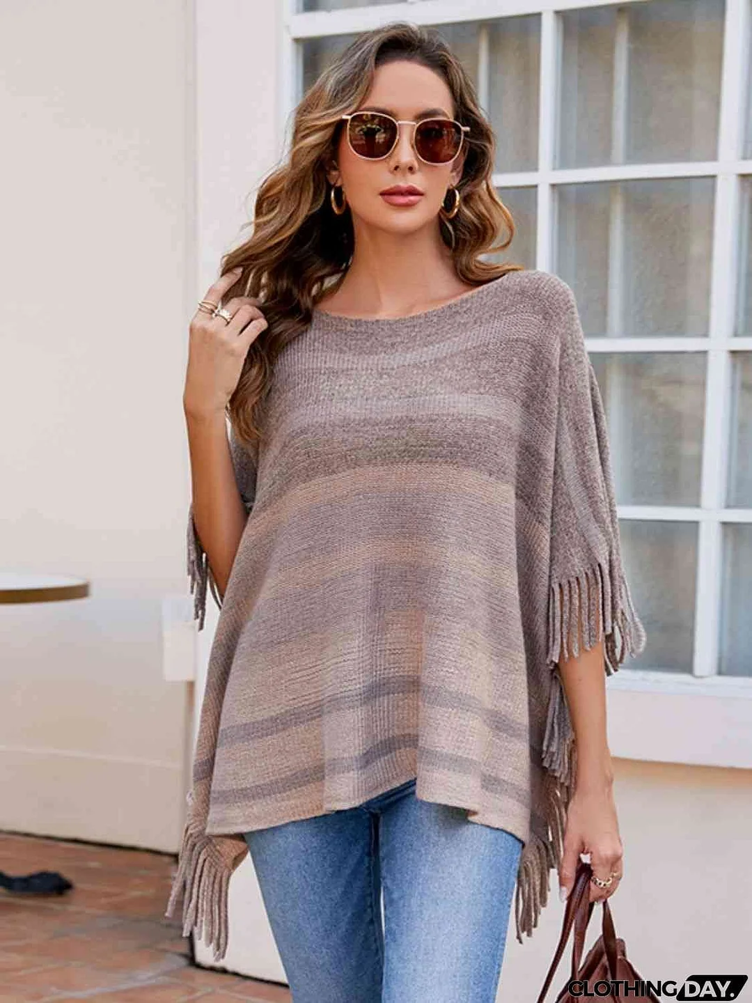 Striped Boat Neck Poncho with Fringes