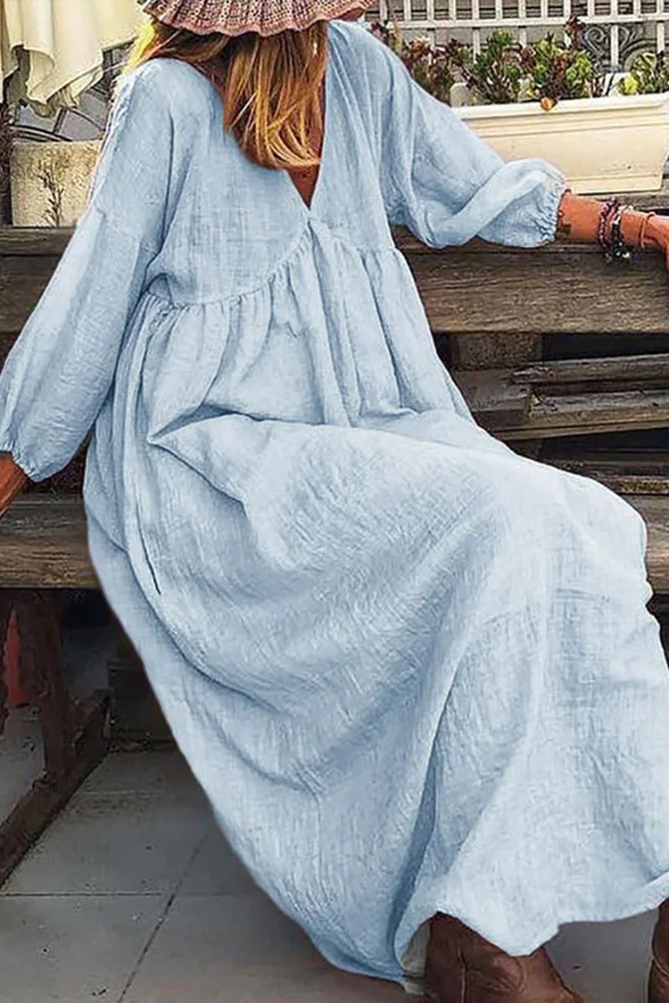 Deep V Neck Long Sleeve Linen Loose Vacation Maxi Dress