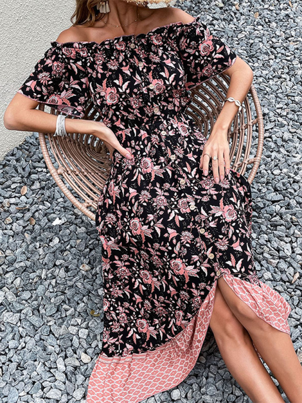 Mature Women Casual Summer New One-neck Print Maxi Dress