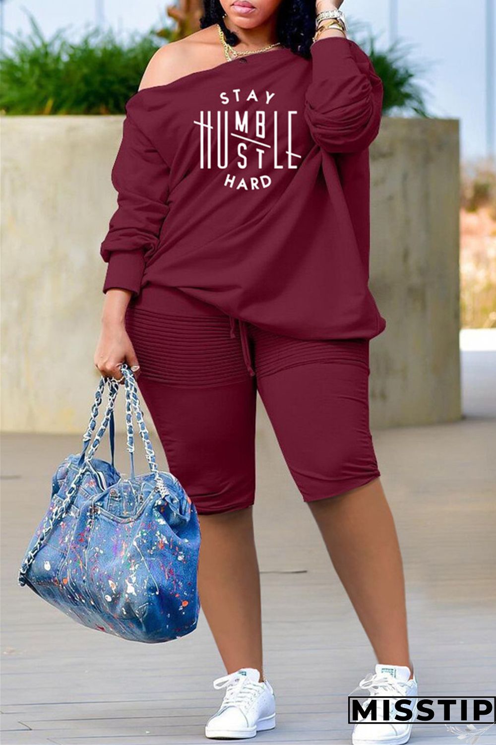 Grey Fashion Casual Print Basic Oblique Collar Long Sleeve Two Pieces