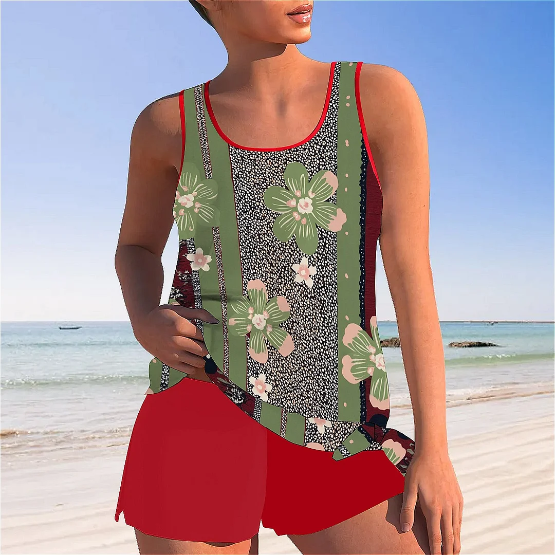 Bowknot Floral,Splicing Mid Waisted Tankini Set - Plus Size Available