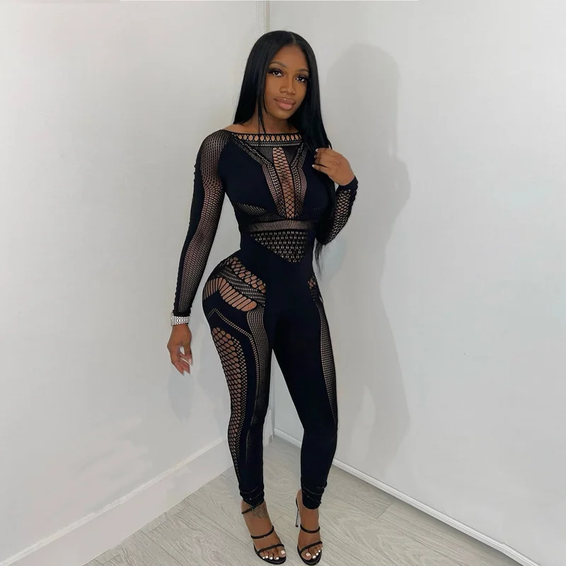 Uveng Uveng Female Solid Color Hollow Sex-Repair Knitted Regular Sleeve Jumpsuit