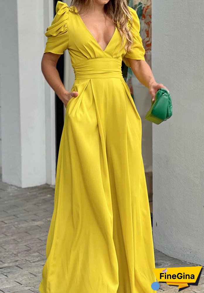 Plus Size Women Short Sleeve Wide Leg Jumpsuit