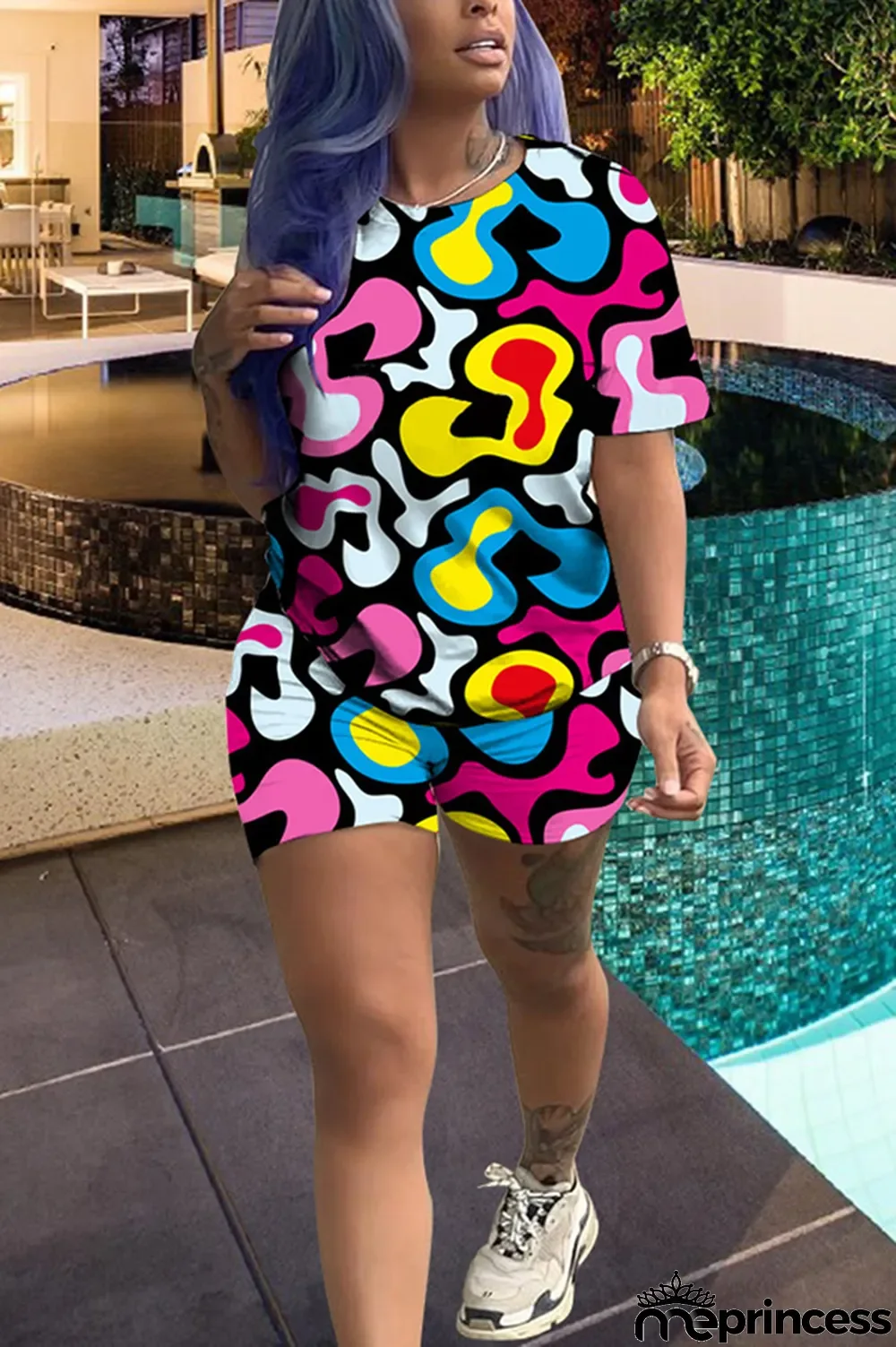 Black Cute Fashion Casual Print Two Piece Suits Geometric Patchwork Gradient Striped Loose Short