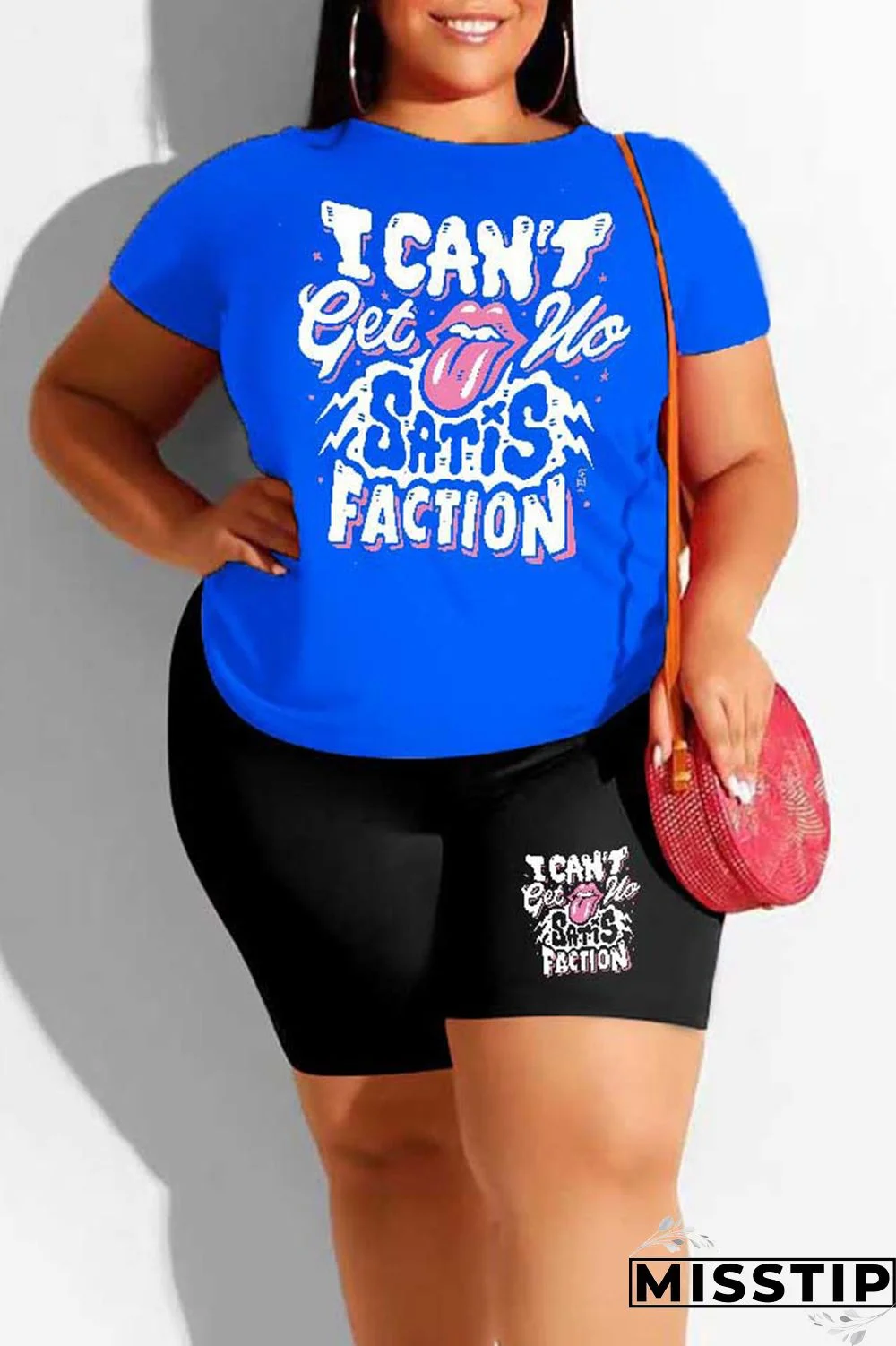 Blue Casual Street Print Patchwork O Neck Plus Size Two Pieces