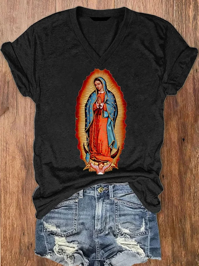 Women's Our Lady of Faith Print V-Neck Short Sleeve T-Shirt socialshop