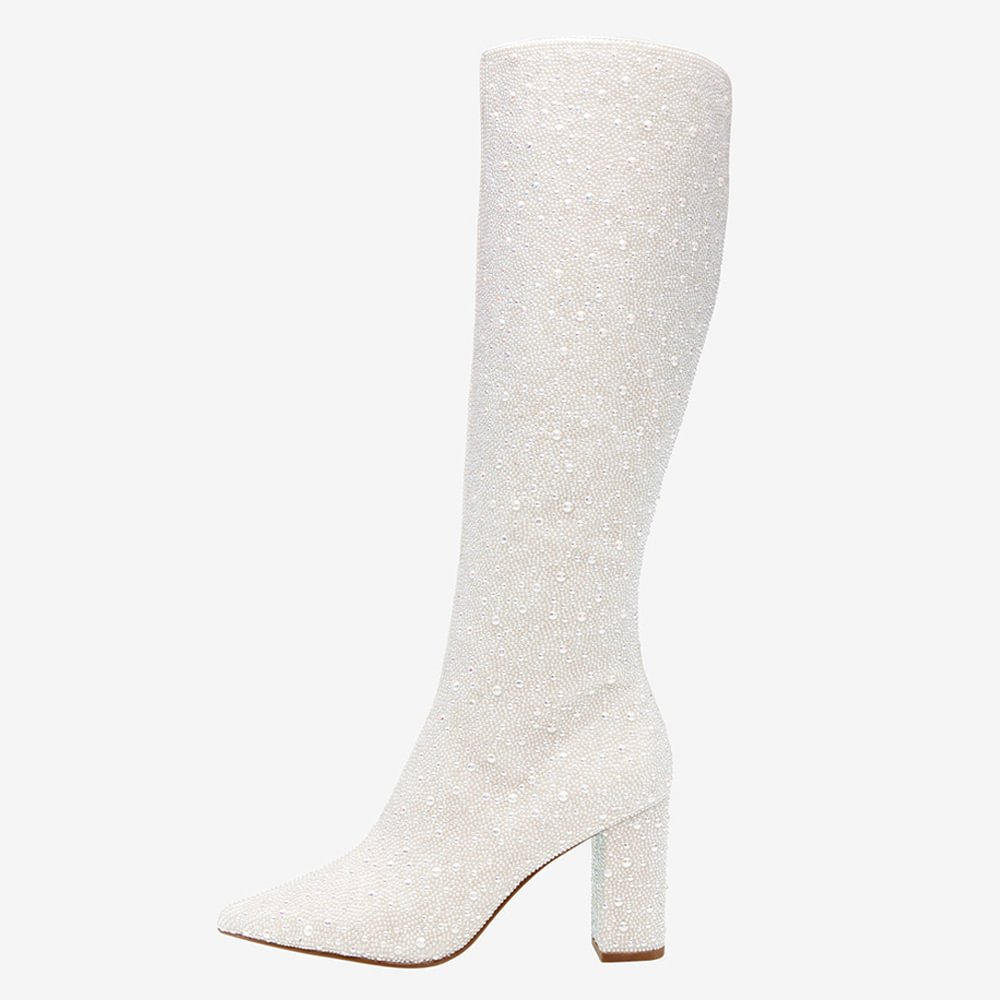 Full White Pointed Toe Chunky Boots Pearl Decors Knee High Boots