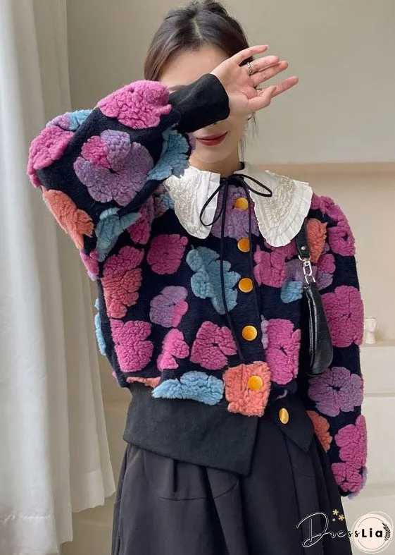 Plus Size Rose flower Button Floral Faux Fur Winter Coat