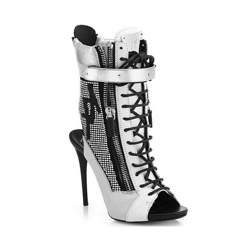 VCSHOES Gray Strap Zipper Open Toe High Heel Ankle Boots