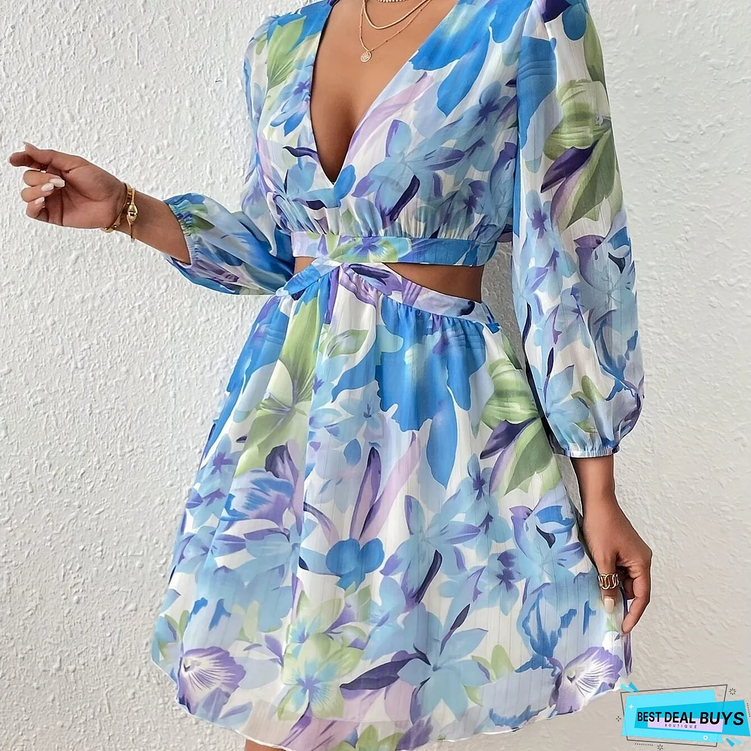 Floral Print Cut Out Dress, Elegant V-neck Lantern Sleeve Dress For Spring & Fall, Women's Clothing