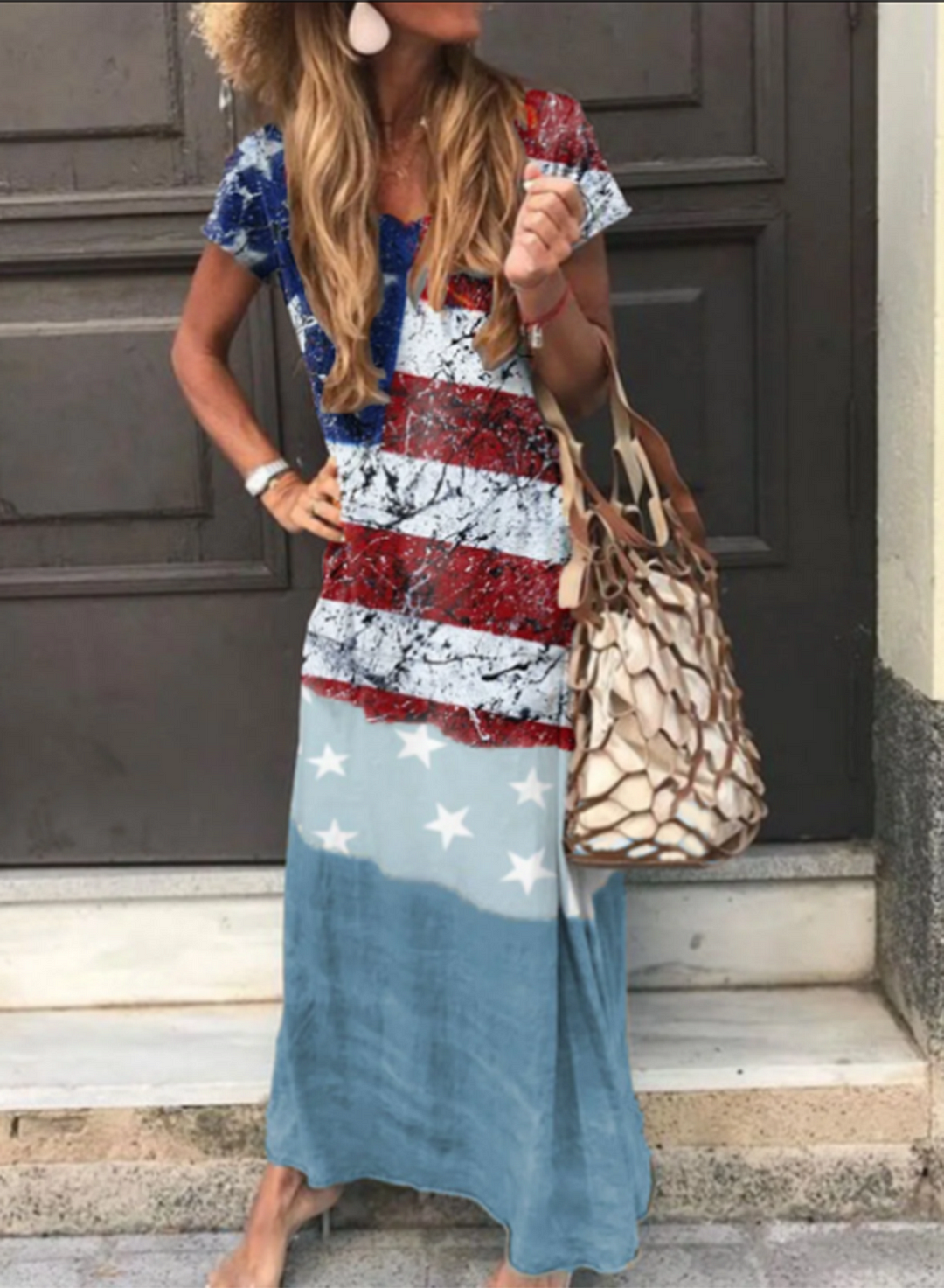 Women's Maxi Dresses American Flag Short Sleeve Shift Round Neck Dress 4th of July-Allyzone-Allyzone