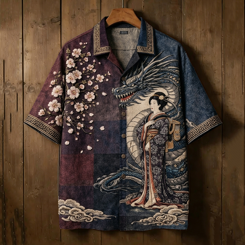 Men's Elegant Japanese Geisha And Dragon Art Printed Short-sleeve Shirt elevenforest