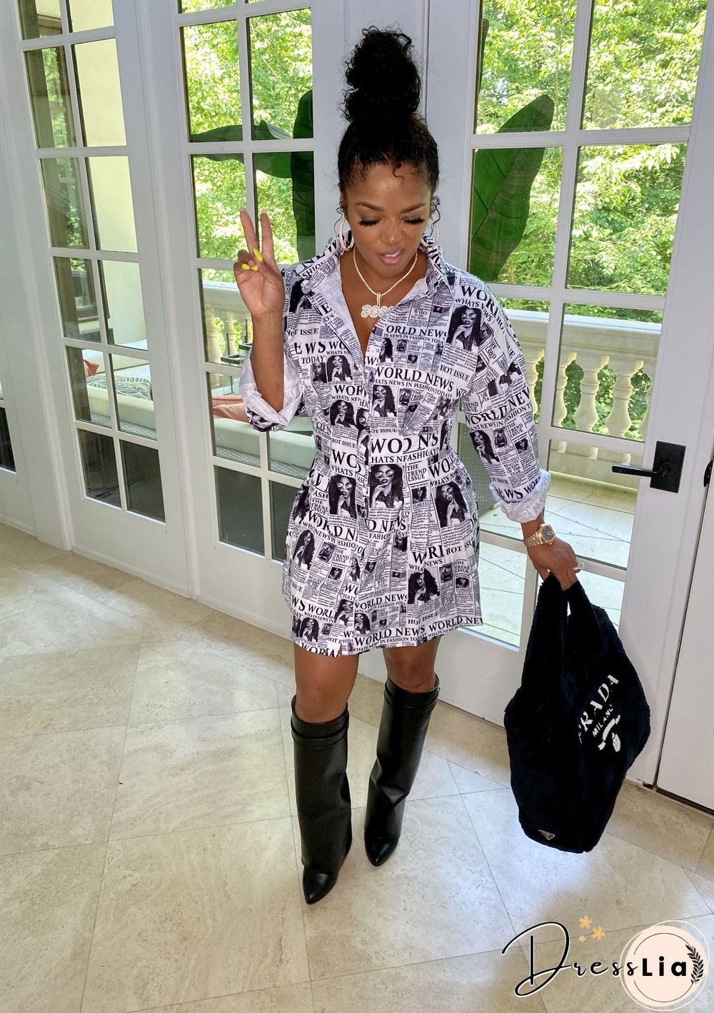 Fashion Newspaper Print Long Sleeve Women Turn Down Collar Button Up Streetwear Shirt Midi Dress