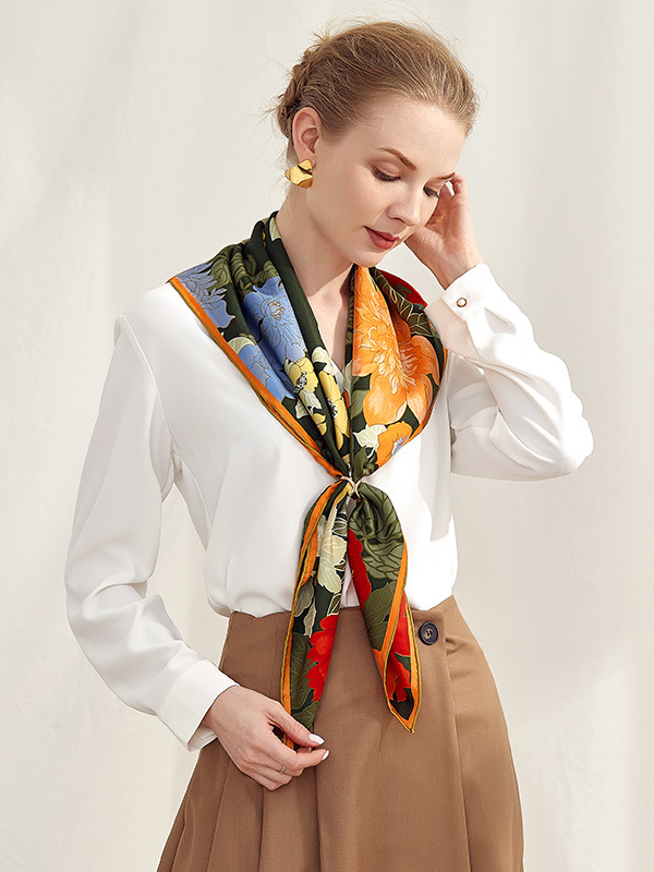 Green Silk Scarf Luxury Flowers Print