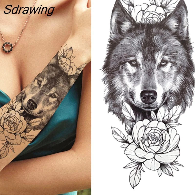 Sdrawing Fake Lion Temporary Tattoo For Women Men Adult Black Forest Tiger Tattoo Sticker Wolf Death Skull Animal Tatoos Thigh
