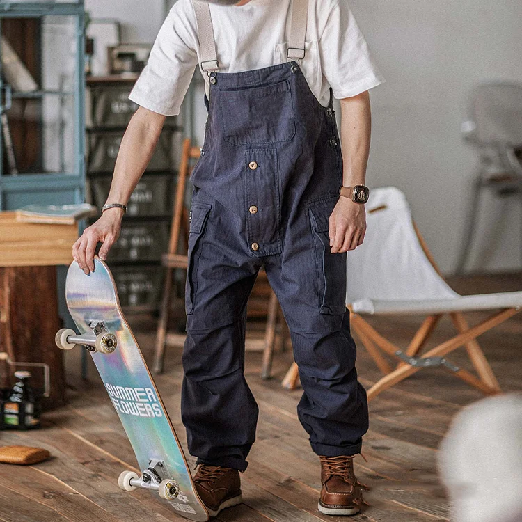Retro Loose Workwear Washed Pocket Straight Casual Overalls