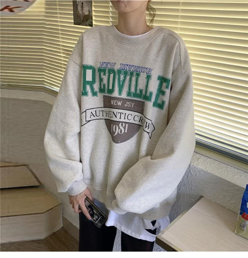 Plus Velvet Casual Warm Pullover Sweatshirts Female Clothing Women Long Sleeve Sweetshirt Loose Letter Printing Crew Neck Tops