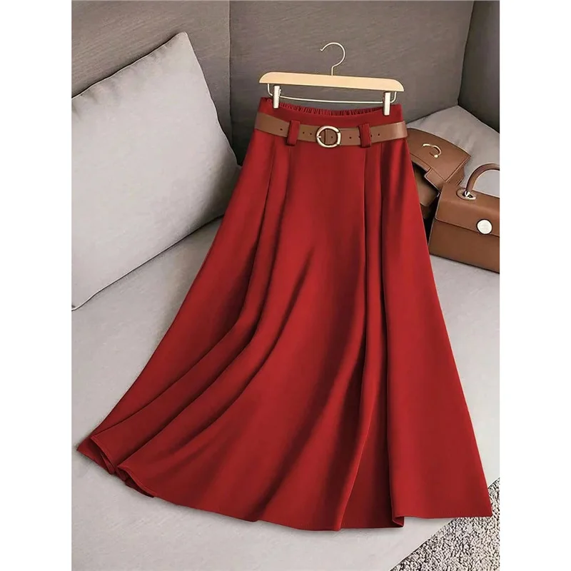 Athvotar Athvotar Women's Spring And Autumn Solid Color Casual Bvy Skirt With Belt
