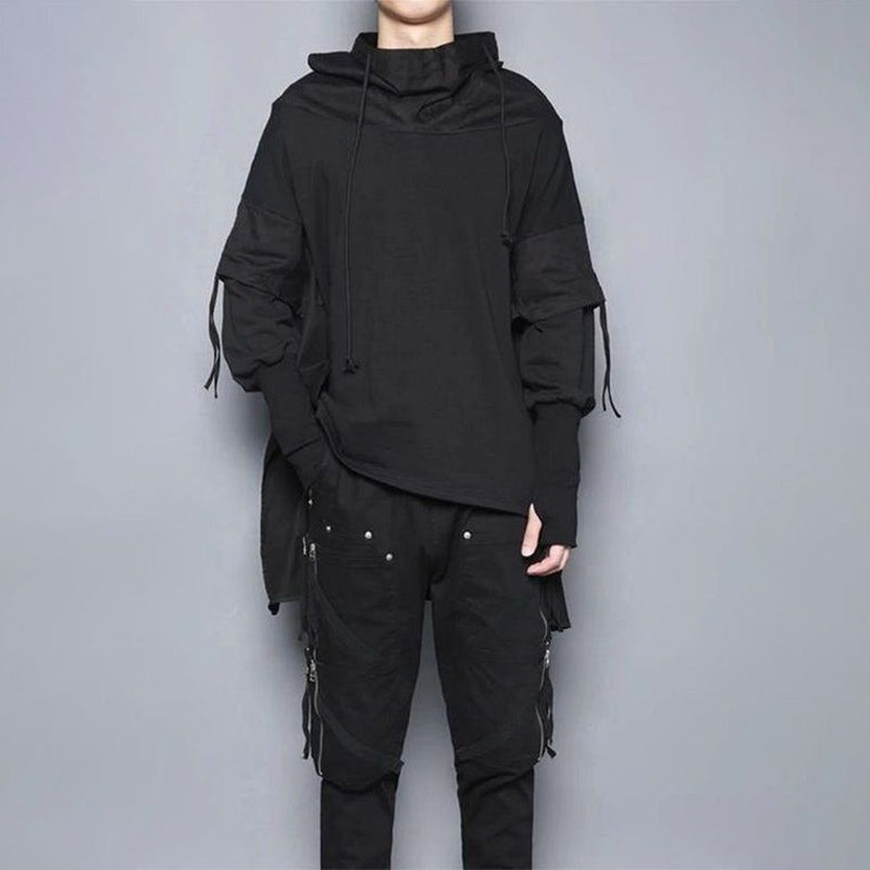 Black Hooded Patchwork Poncho Sweater