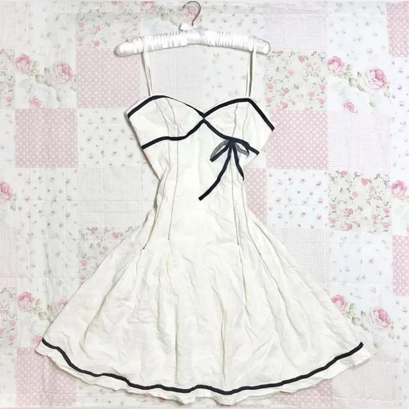 Aonga Solid color bow decoration dress fashion lace edge casual Y2K top emotional girl urban beauty chic slim sweet street women dress aonga