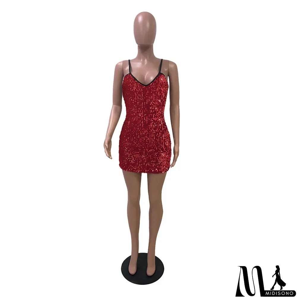 MidiSono - Sexy suspender sequined v-neck dress dress Bodycon Dress