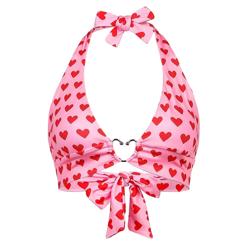 Rapcopter Heart Printed Crop Top y2k Sweet Tank Top Metal Tie Up Croset Women Halter Top V Neck Sexy Sweat Summer Beach Style