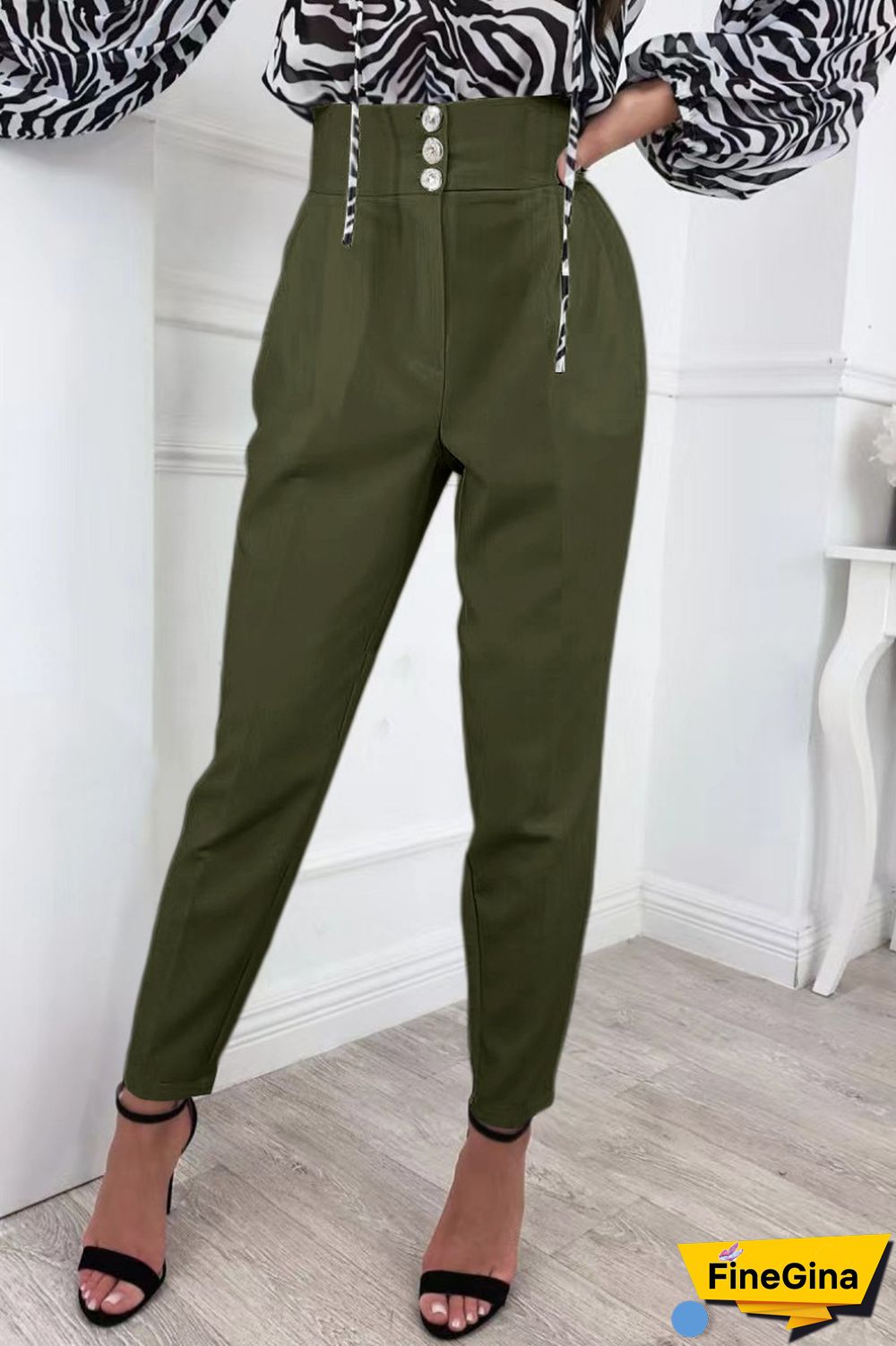 Black Casual Solid Buttons Regular High Waist Conventional Solid Color Trousers
