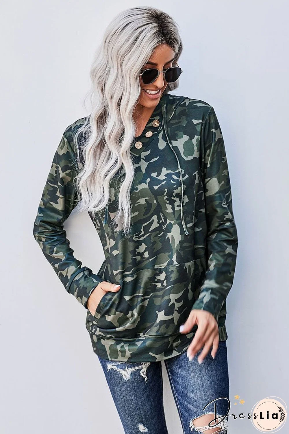 Chic V Neck Camouflage Printed Top