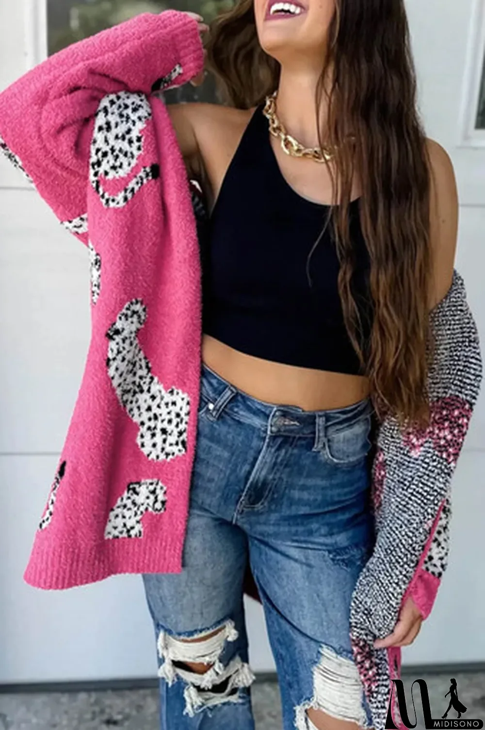 MidiSono - Rose Red Cheetah Pattern Open Front Knitted Cardigan