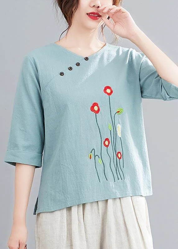 French Light Green Embroideried O-Neck Cotton Linen Top Summer
