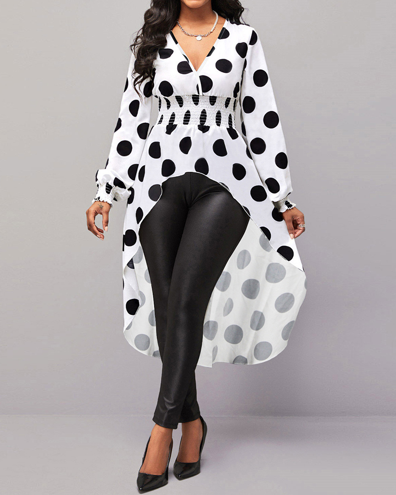 High Low Hem Polka Dot V Neck Long Sleeve Midi Dress