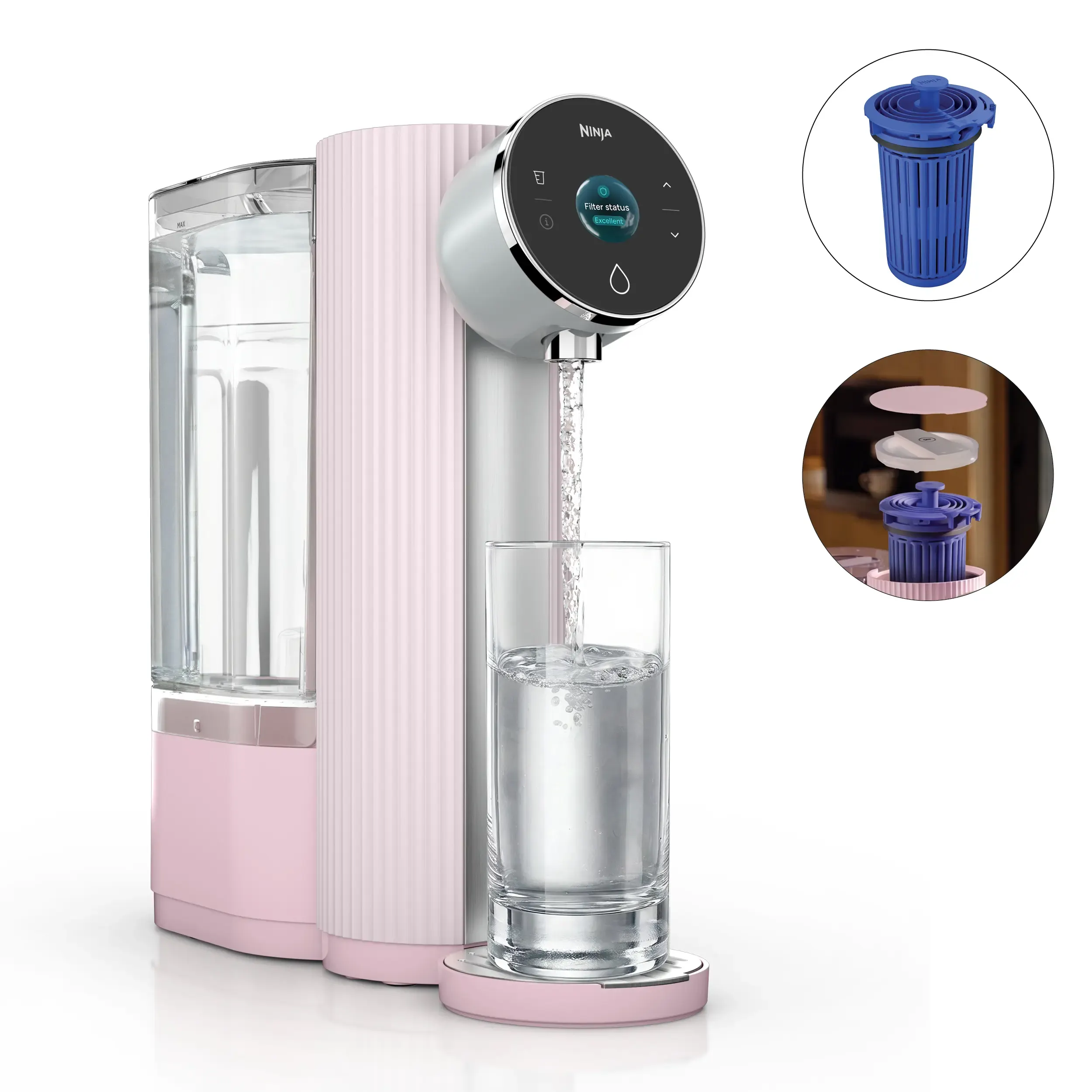 Ninja HydraSense countertop water filtration system in Rosewater Pink with filter and water glass