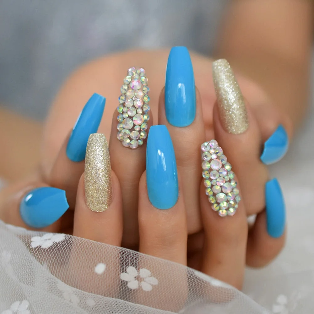 Luxury AB Stone Faux Ongles Rhinestones Decorative Extra Long Square Fake Nails Gegoues Designed Manicure Tips Nude Color-Nail Inspo