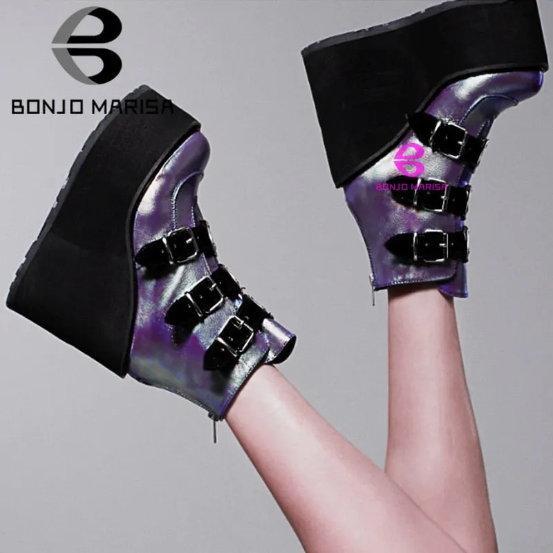 BONJOMARISA Dropshipping INS Hot Brand High Platform Ankle Boots Women 2020 Fashion PVC Strap Decorating High Wedges Shoes Woman