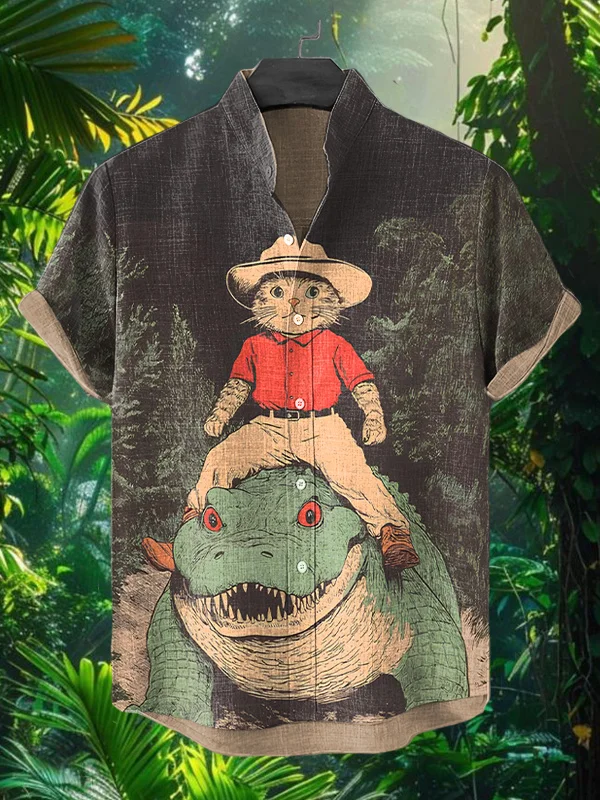 Men's Cat Crocodile Outdoor Adventure Print Short Sleeve Shirt