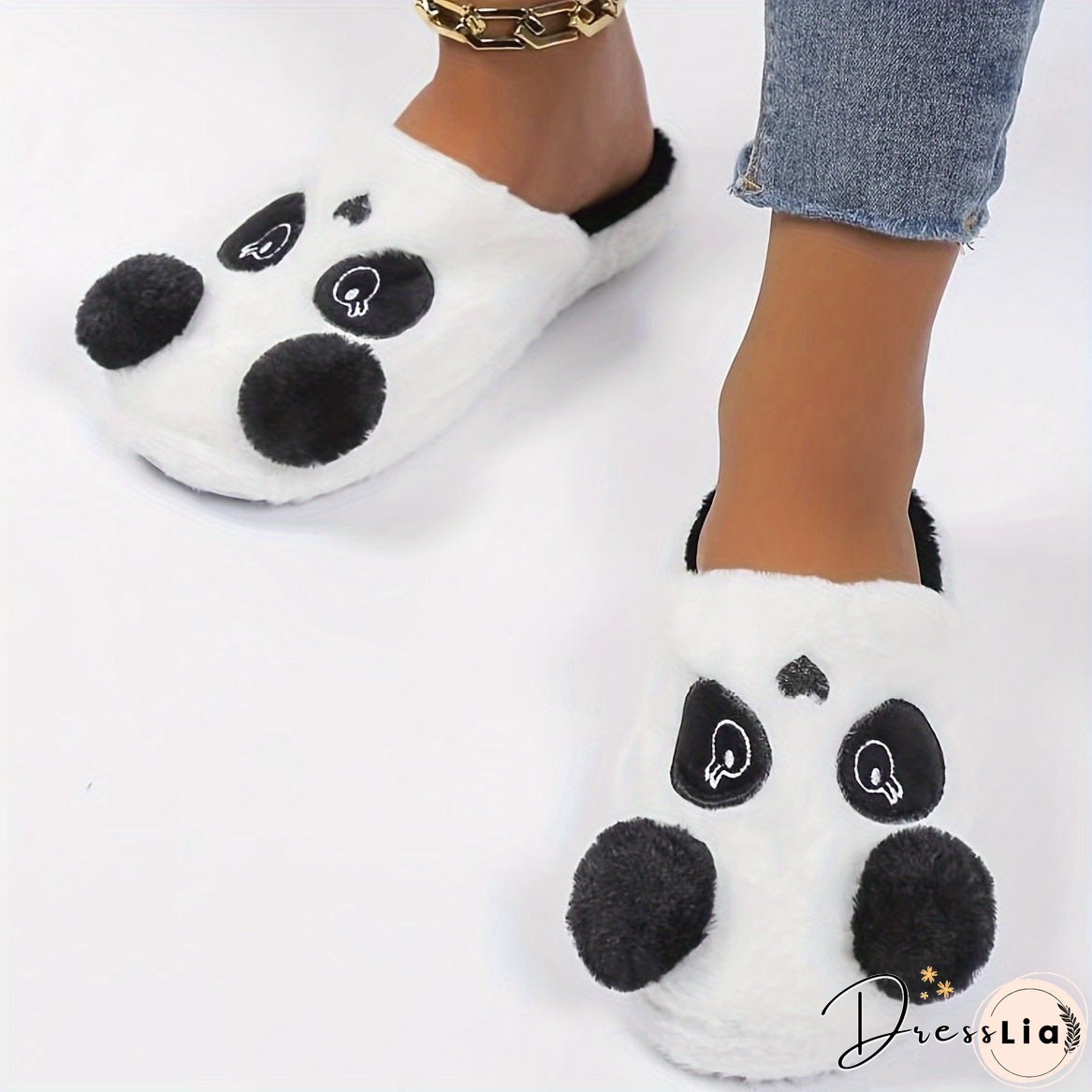 Cute Cartoon Panda Fluffy Home Slippers, Soft Sole Closed Toe Plush Lined Shoes, Non-slip Bedroom Mute Slippers, Winter & Autumn
