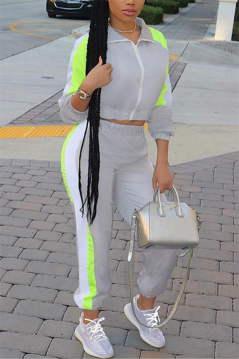 Grey Fashion Casual Patchwork Split Joint Turndown Collar Long Sleeve Two Pieces