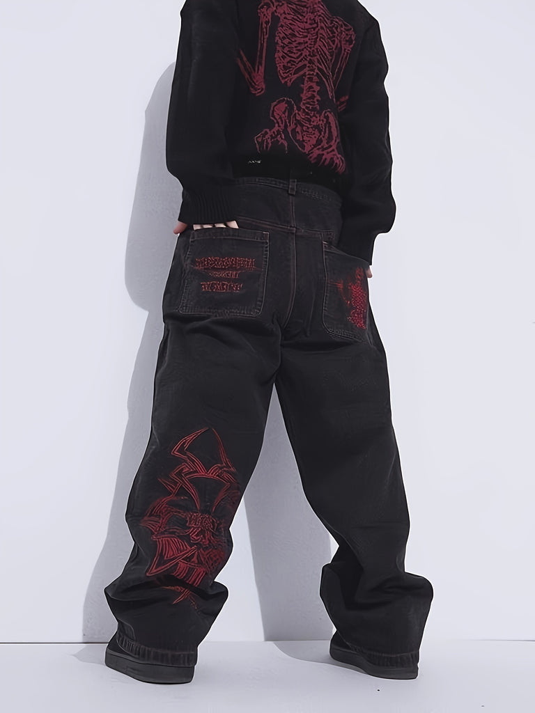 Shoptechwear Art Satanic Devil Hip Hop Baggy Straight Leg Washed Jeans