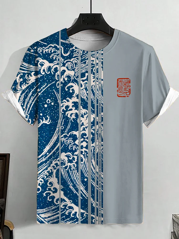 Men's Sea Wave Color Block Art Print Casual Short Sleeve T-Shirt