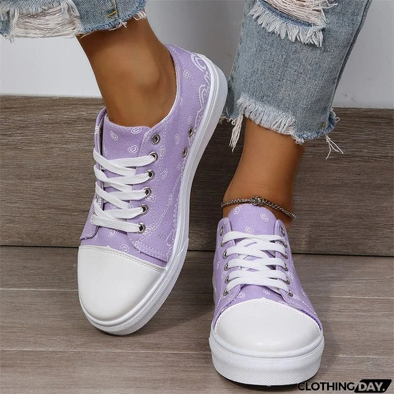 Cute Round Toe Lace Up Cartoon Print Canvas Loafers for Women