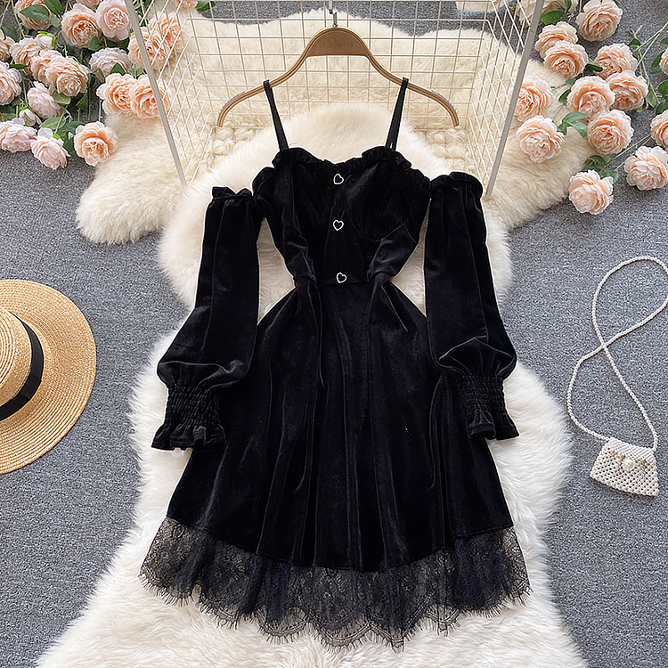Dark Kawaii Black Velvet Off Shoulder Dress - Gotamochi Kawaii Shop, Kawaii Clothes